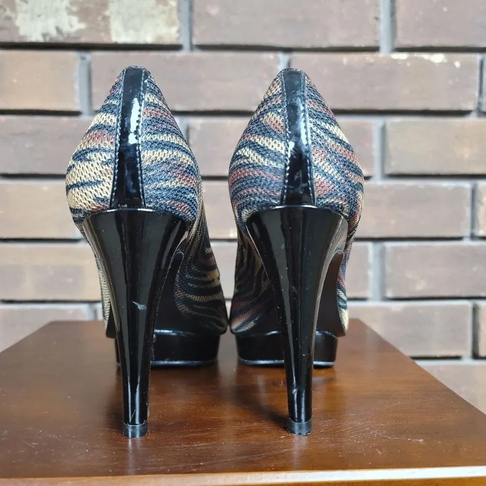 Carlos Carlos Santana ultra platform spike high heels peep toe trial print shoes